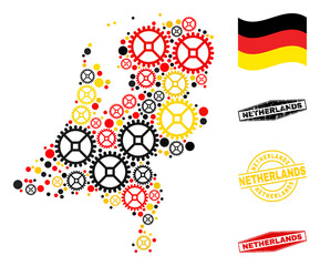 Industrial Netherlands map collage and stamps. Vector collage is created of workshop items in variable sizes, and German flag official colors - red, yellow, black.