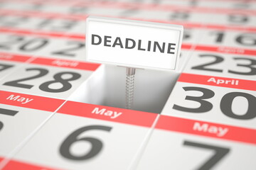 DEADLINE sign on April 29 in a calendar, 3d rendering