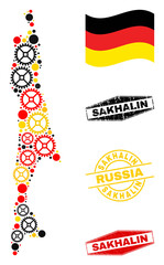 Naklejka premium Mechanics Sakhalin Island map collage and stamps. Vector collage is formed of repair workshop elements in variable sizes, and Germany flag official colors - red, yellow, black.