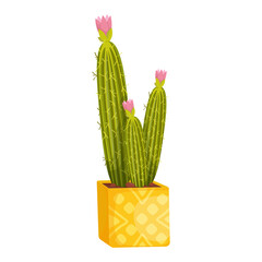 Funny cactus in a yellow ceramic pot with pink flowers. Smiling cartoon character. Vector graphics.