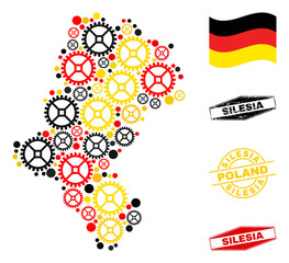 Repair workshop Silesian Voivodeship map mosaic and stamps. Vector collage is formed from workshop icons in variable sizes, and Germany flag official colors - red, yellow, black.