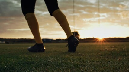 Cinematic American Football Kickoff Game Start. Static Close-up of Ball Being Kicked by the Professional Player. Gates Goal Kick. Successful Team Scores and Wins Championship. Stylish Slow Motion Shot - Powered by Adobe