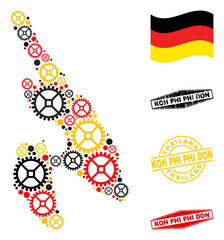 Mechanics Koh Phi Don map collage and seals. Vector collage is designed of clock gear items in various sizes, and Germany flag official colors - red, yellow, black.