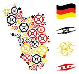 Workshop Goa State map collage and seals. Vector collage is composed of workshop elements in different sizes, and Germany flag official colors - red, yellow, black.