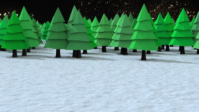 Multiple trees on winter landscape against shooting star on black background