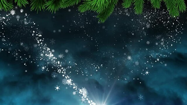 Christmas tree branches and snowflakes over shooting star against blue background