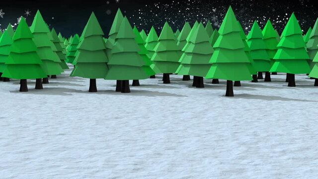 Multiple trees on winter landscape against shooting star on black background