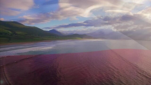 Animation of flag of russia blowing over waves in sea