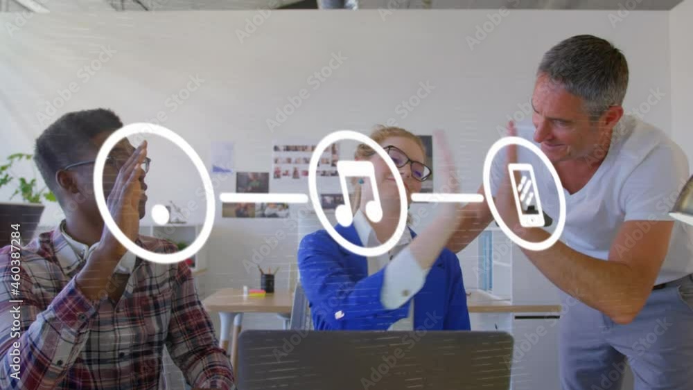 Poster animation of network of connections with icons over smiling business colleagues high fiving