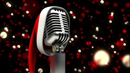 Animation of santa hat over vintage microphone and glowing lights on black background - Powered by Adobe