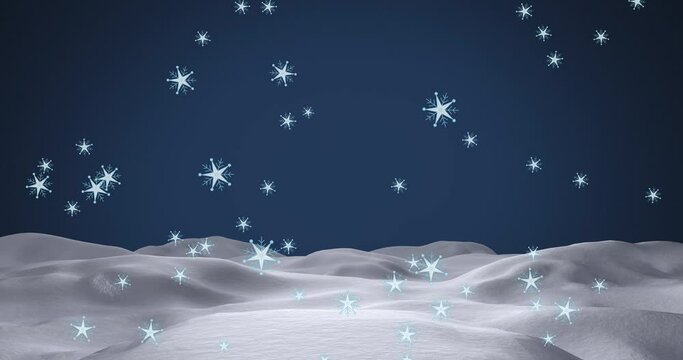 Animation of snowflakes falling over snow and blue background