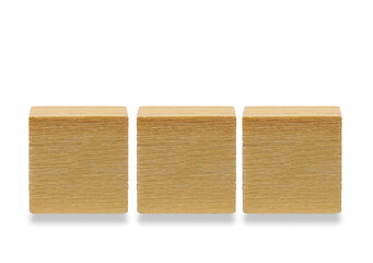 Three wooden cubes, wooden geometric shapes cube isolated on a white background
