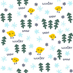 Doodle winter seamless pattern with birds, Christmas trees and snowflakes. Perfect for T-shirt, textile and prints. Hand drawn vector illustration for decor and design.
