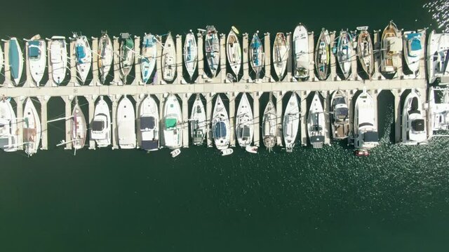 Aerial: Chula Vista harbor with yachts and boats. San Diego, California, USA