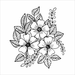 Flower arrangement hand drawn in the style of a doodle or sketch, black and white vector illustration