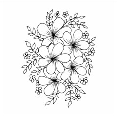 Flower arrangement hand drawn in the style of a doodle or sketch, black and white vector illustration