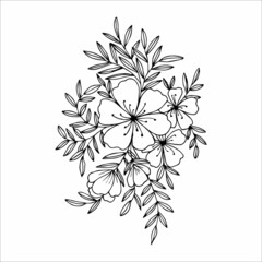 Flower arrangement hand drawn in the style of a doodle or sketch, black and white vector illustration