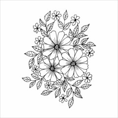 Flower arrangement hand drawn in the style of a doodle or sketch, black and white vector illustration
