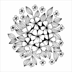 Flower arrangement hand drawn in the style of a doodle or sketch, black and white vector illustration