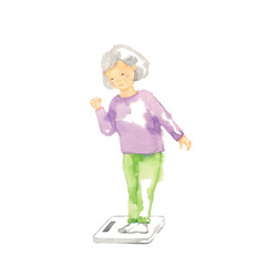 ガッツポーズをする祖母と体重計