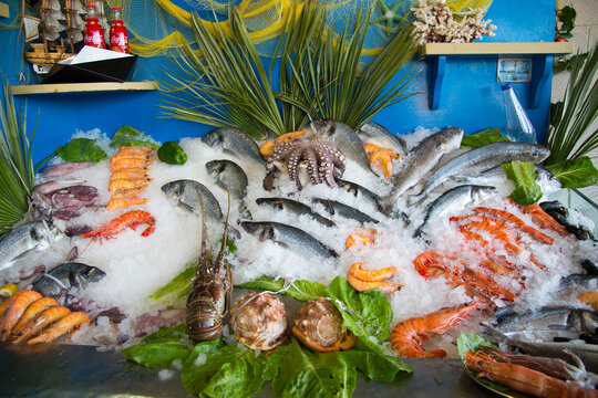 Seafood.  Still life of fresh fish in front of the restaurant of Rethymno, Greece 