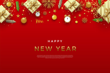 Happy new year on red background with realistic clock decoration Premium Vector.