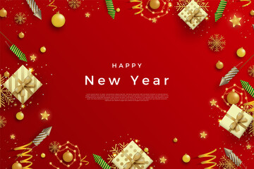 Fototapeta na wymiar Happy new year with sweet gift boxes and celebration firecrackers Premium Vector.