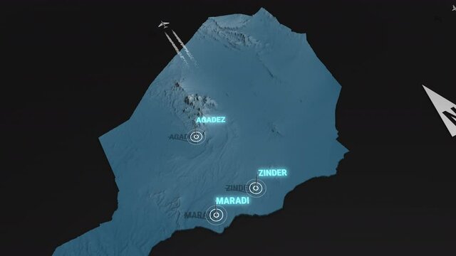 Seamless looping animation of the 3d terrain map at nighttime of Niger with the capital and the biggest cites in 4K resolution