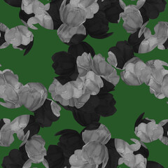 seamless pattern with Black and White Tulips on green background