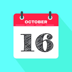 Icon page calendar day - 16 October. Date day week Sunday, Monday, Tuesday, Wednesday, Thursday, Friday, Saturday. 16th days of the month, vector illustration flat style. Autumn holidays in October