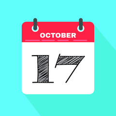Icon page calendar day - 17 October. Date day week Sunday, Monday, Tuesday, Wednesday, Thursday, Friday, Saturday. 17th days of the month, vector illustration flat style. Autumn holidays in October