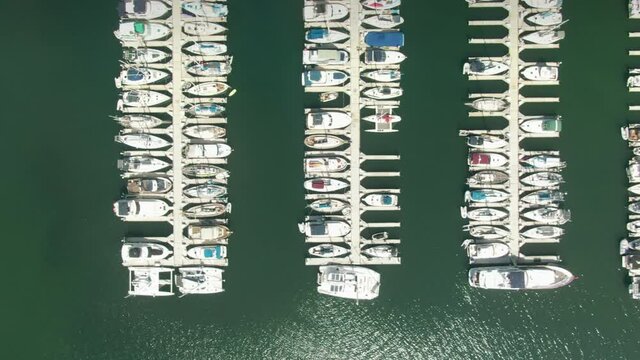 Aerial: Chula Vista harbor with yachts and boats. San Diego, California, USA