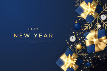 Fototapeta premium Happy new year with glitter decoration and shiny gold ball.