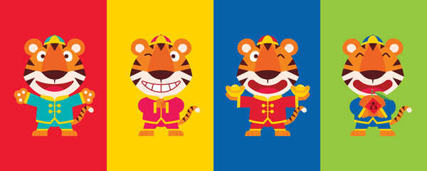 2022 chinese new year. Collect set of flat design cartoon cute tiger wearing chinese traditional costume with different poses on colourful background