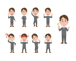 若いビジネスマンの表情ポーズセットイラスト