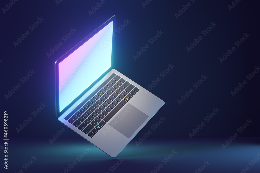 Poster 3d laptop computer with glow display screen on blue dark background. 3d illustration rendering.