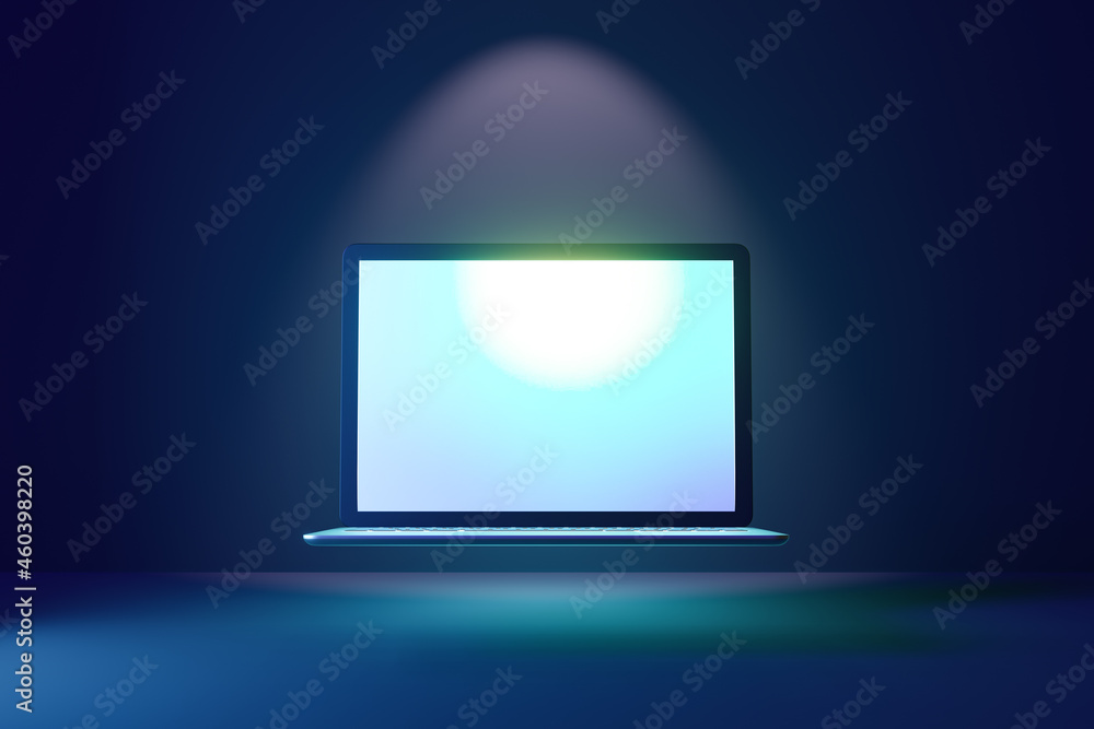 Poster front view of 3d laptop computer with bright display screen on blue dark background. 3d illustration