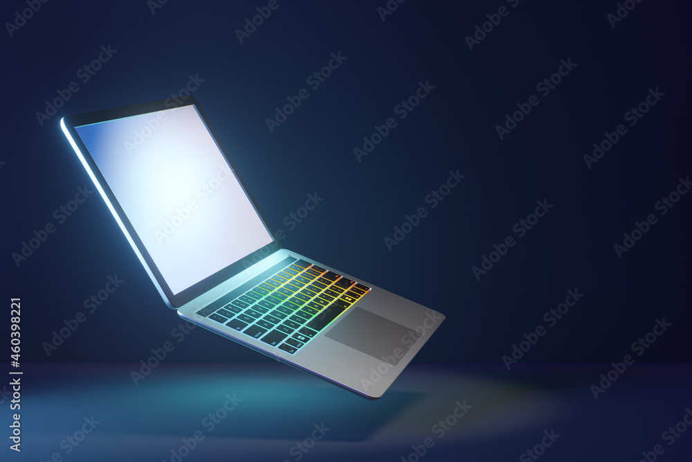 Poster 3d laptop computer with bright display screen and led keyboard on blue dark background. 3d illustrat