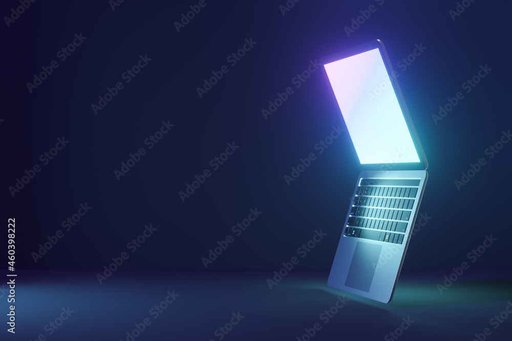 Poster 3d laptop computer with open display screen on blue dark background. 3d illustration rendering.