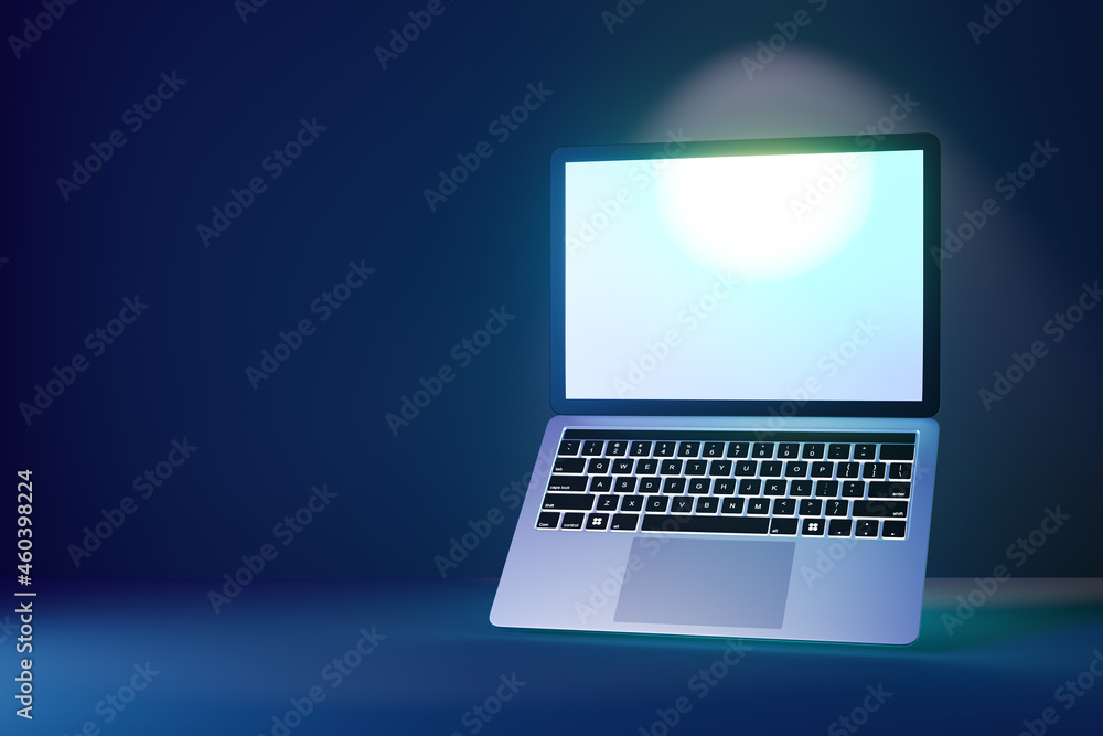 Poster 3d laptop computer with open bright display screen on blue dark background. 3d illustration renderin