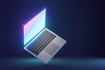 3d laptop computer with glow display screen on blue dark background. 3D illustration rendering.
