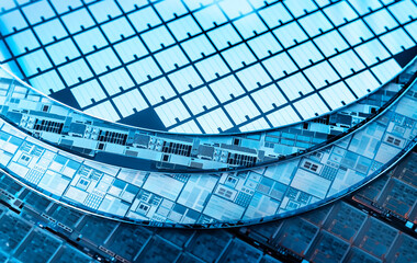 Silicon Wafer with microchips used in electronics for the fabrication of integrated circuits.