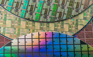 Silicon Wafer with microchips used in electronics for the fabrication of integrated circuits.