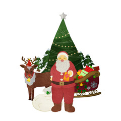 Santa Claus handing out presents with the tree in the background