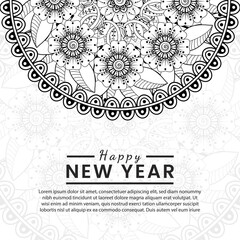 Happy new year banner or card template with mehndi flower