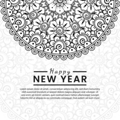 Happy new year banner or card template with mehndi flower
