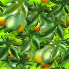 Papaya pattern , papaya tree with leaves illustration, bunch of papaya. Seamless papaya fruit pattern.