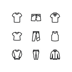 Clothing line icon set. Contains such icons as shirt, shorts, tank top, jacket and pants. 