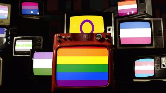 Pride Flags and Vintage Televisions, Flags of the LGBT Community on Retro TVs. 4K Resolution.