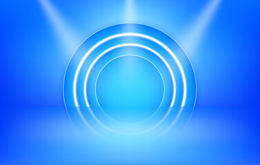 Obraz premium Empty blue studio and a recess illuminated by lanterns neon lights. Free space for product presentation. Blue background abstract. 3D Vector illustration.